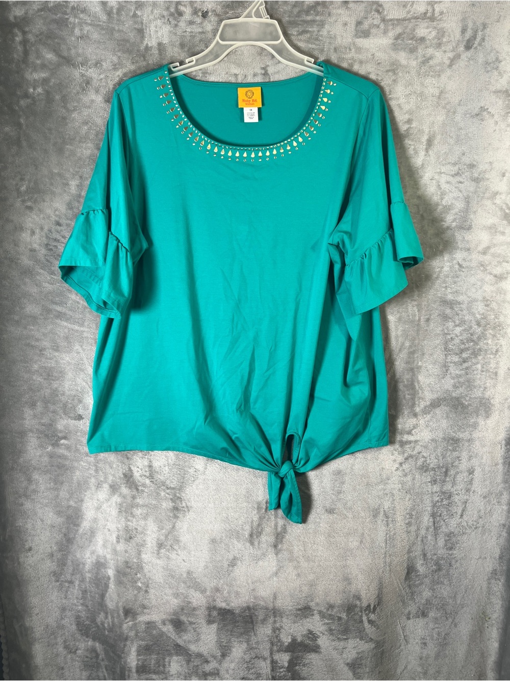 Ruby Rd. Teal Tie-Front Ruffle Sleeve Top with Studded Scoop Neck